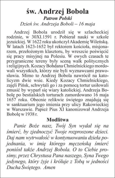 Obrazek laminowany św. Andrzej Bobola. Męczennik i Patron Polski - 07525