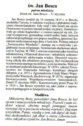 Obrazek laminowany Św. Jan Bosko .Patron młodzieży, modlitwa - 07522
