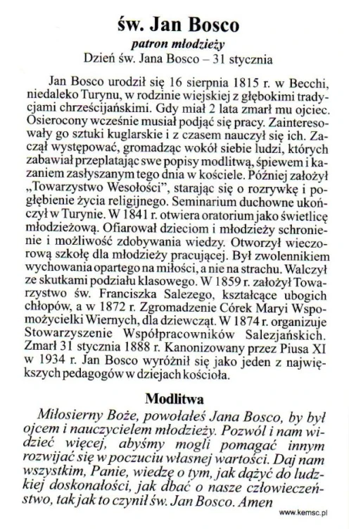 Obrazek laminowany Św. Jan Bosko .Patron młodzieży, modlitwa - 07522