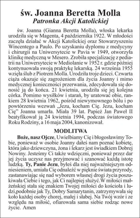 Obrazek laminowany Joanna Beretta Molla. Patronka Akcji Katolickiej - 07511