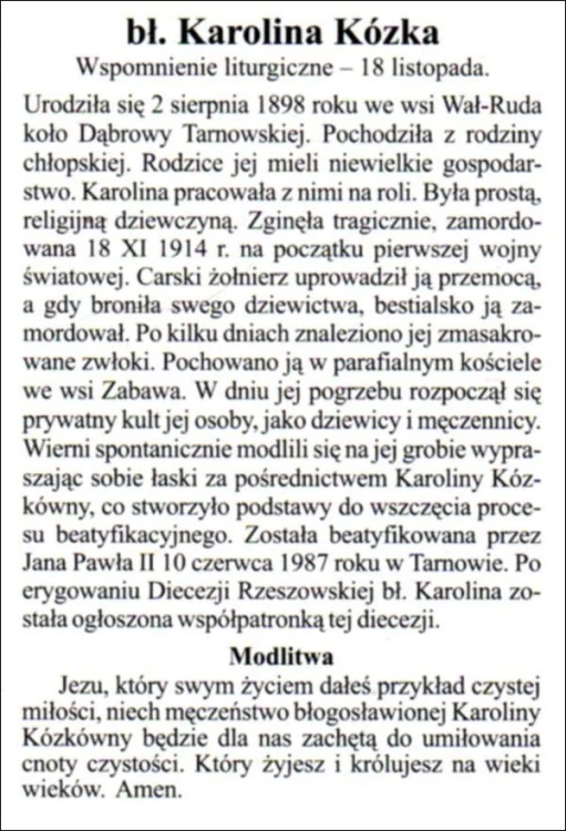 Obrazek laminowany bł. Karolina Kózka. Biografia, modlitwa - 07484