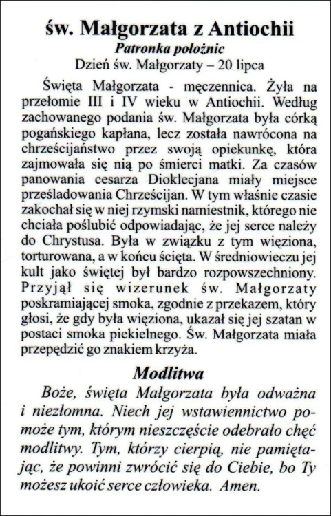 Obrazek laminowany św. Małgorzata z Antiochii. Patronka położnic - 07469