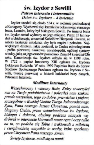 Obrazek laminowany św. Izydor z Sewilli. Patron internetu i internautów - 07442