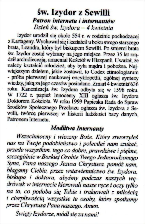 Obrazek laminowany św. Izydor z Sewilli. Patron internetu i internautów - 07442