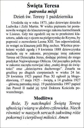 Obrazek laminowany św. Teresa od Dzieciątka Jezus. Patronka misji - 07441