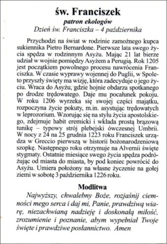 Obrazek laminowany św. Franciszek patron ekologów - 07367
