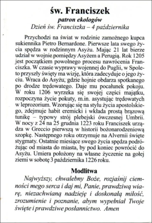 Obrazek laminowany św. Franciszek patron ekologów - 07367