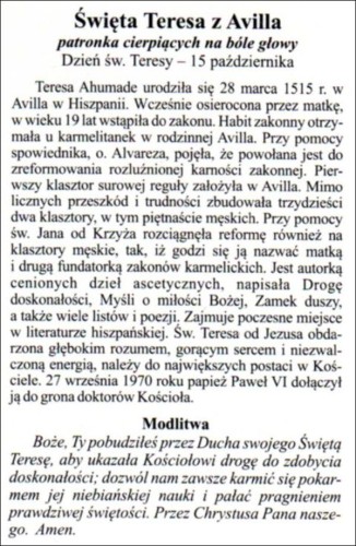 Obrazek św. Teresa od Jezusa. Patronka cierpiących na bóle głowy - 07140