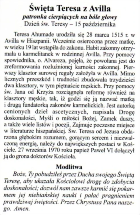 Obrazek św. Teresa od Jezusa. Patronka cierpiących na bóle głowy - 07140