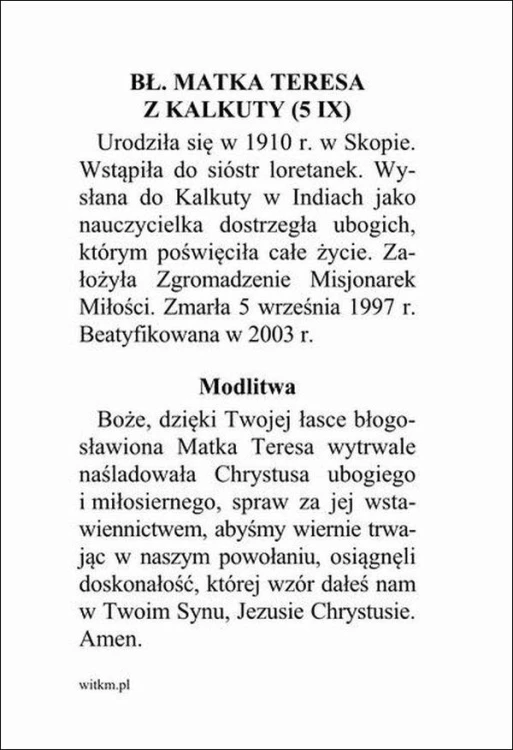 Obrazek św. Matka Teresa z Kalkuty. MODLITWA Boże, dzięki Twojej łasce bł. Matka... - ! - 06164