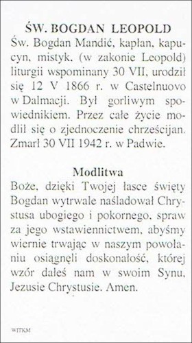 Obrazek św. Bogdan Leopold. Modlitwa Boże, dzięki Twojej łasce św. Bogdan wytrwale... - ! - 06161