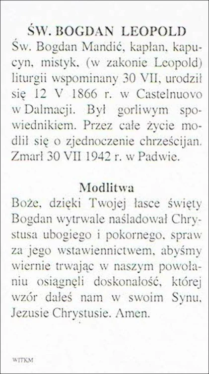 Obrazek św. Bogdan Leopold. Modlitwa Boże, dzięki Twojej łasce św. Bogdan wytrwale... - ! - 06161