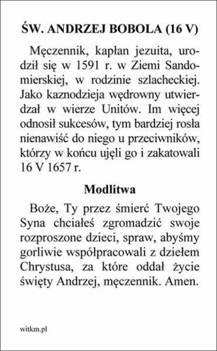 Obrazek św. Andrzej Bobola. MODLITWA Boże, Ty przez śmierć Twojego Syna chciałeś... - ! - 06085