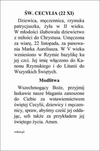Obrazek św. Cecylia. MODLITWA Wszechmogący Boże, przyjmij łaskawie nasze błagania... - ! - 06084