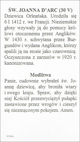 Obrazek św. Joanna D\'arc. MODLITWA: Panie, cudownie wybrałeś św. Joannę dziewicę... - ! - 05932