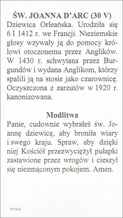 Obrazek św. Joanna D\'arc. MODLITWA: Panie, cudownie wybrałeś św. Joannę dziewicę... - ! - 05932