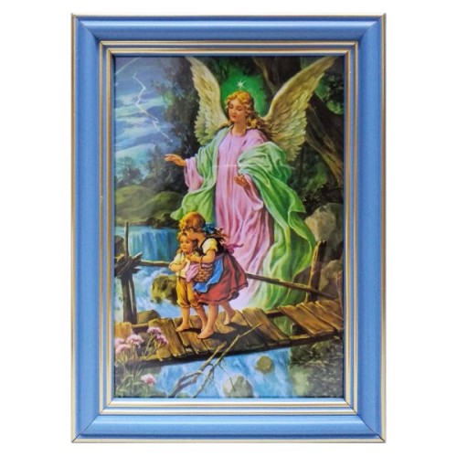Obraz 10x15cm Anioł Stróż kładka rama NIEBIESKA (915) - 04359