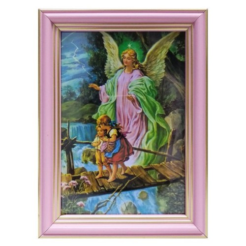 Obraz 10x15cm Anioł Stróż kładka rama RÓŻOWA (915) - 04356