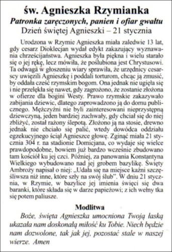 Obrazek św. Agnieszka. Św Agnieszka Rzymianka. Patronka zaręczonych, panien i ofiar gwałtu - 03956