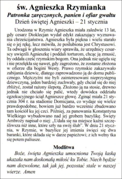 Obrazek św. Agnieszka. Św Agnieszka Rzymianka. Patronka zaręczonych, panien i ofiar gwałtu - 03956