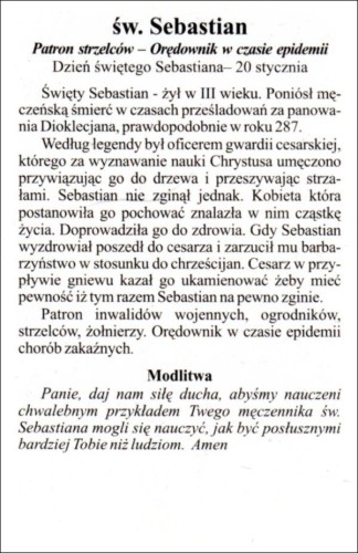 Obrazek św. Sebastian. Patron strzelców, inwalidów, ogrodników, żołnierzy, orędownik w czasie epidemii - 03441