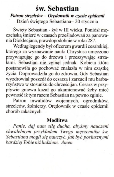 Obrazek św. Sebastian. Patron strzelców, inwalidów, ogrodników, żołnierzy, orędownik w czasie epidemii - 03441