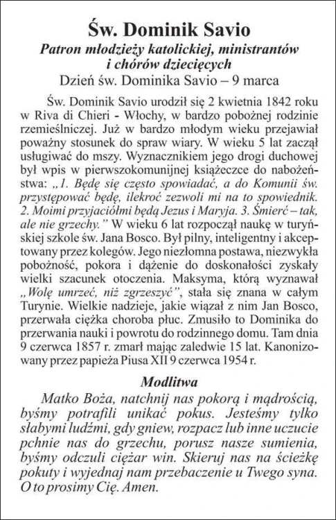 Obrazek św. Dominik Savio. Patron młodzieży katolickiej, ministrantów i chórów - 03323