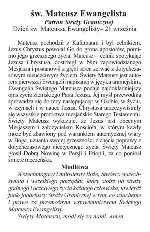 Obrazek św. Mateusz Ewangelista. Patron straży granicznej - 03267