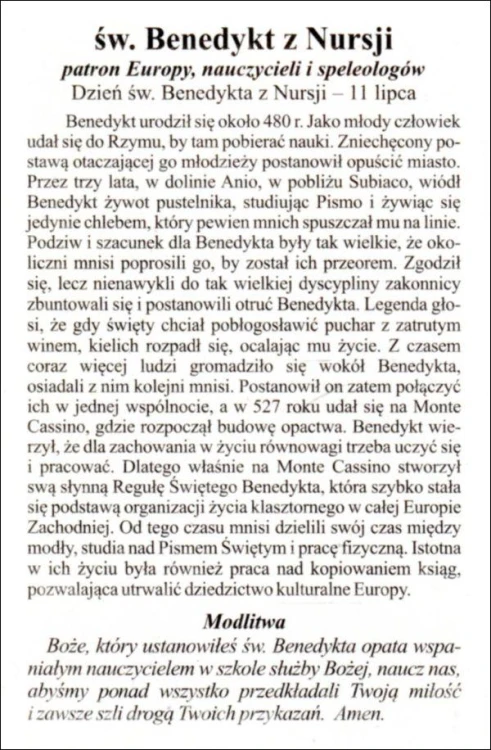 Obrazek św. Benedykt z Nursji. Patron Europy, nauczycieli i speleologów - 03250