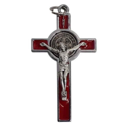 Krzyż wiszący metalowy Św. Benedykt z czerwoną wkładką 4,5cm - 03059