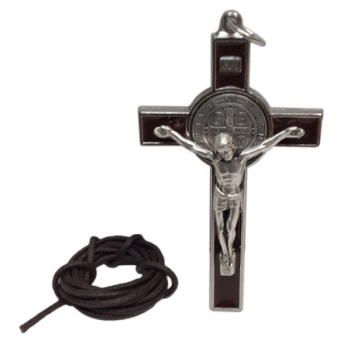 Krzyż wiszący metalowy św.Benedykta + rzemyk BRĄZOWY w pudełku h7cm różne - 02018