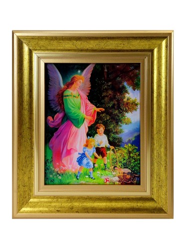 Obraz 20x25cm Anioł Stróż - dzieci (hula-hop) rama ZŁOTA gładka - 01096