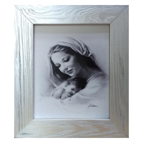 Obraz 30x35cm Matka Boża z Dzieciątkiem BIAŁA rama srebrna płaska - 00736