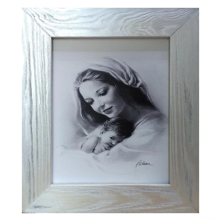 Obraz 30x35cm Matka Boża z Dzieciątkiem BIAŁA rama srebrna płaska - 00736