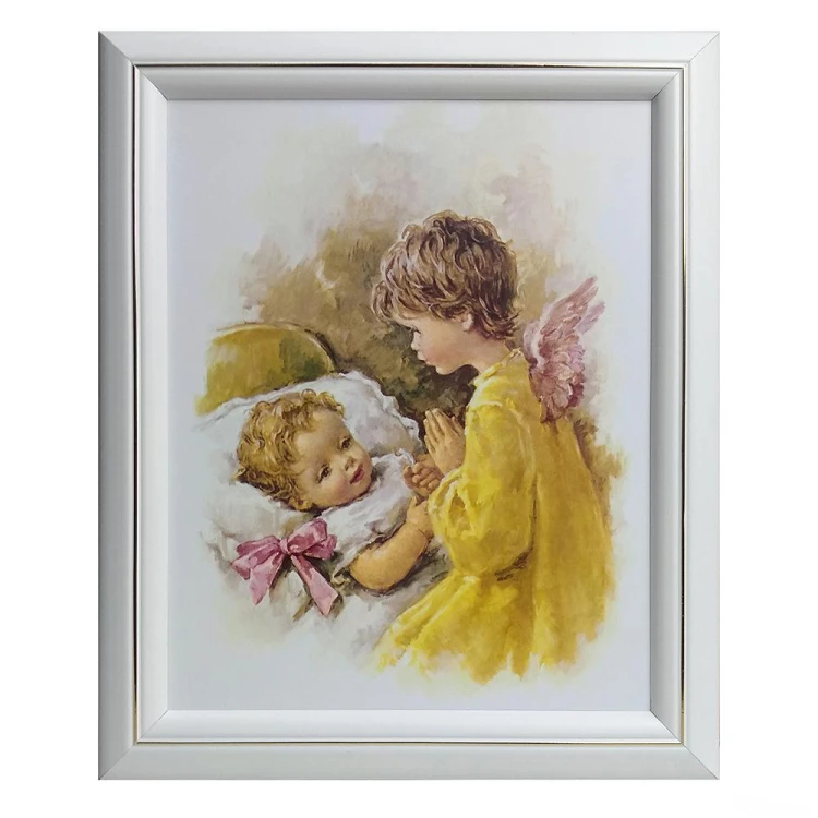 Obraz 23x28cm Anioł Stróż nad dzieckiem (różowa kokarda) RAMA BIAŁA - 00719