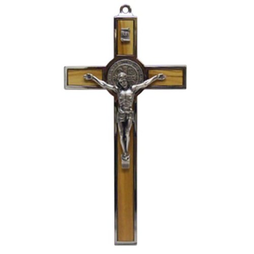 Krzyż wiszący metalowy Św. Benedykta z wkładką z drzewa oliwnego 13cm - 67342
