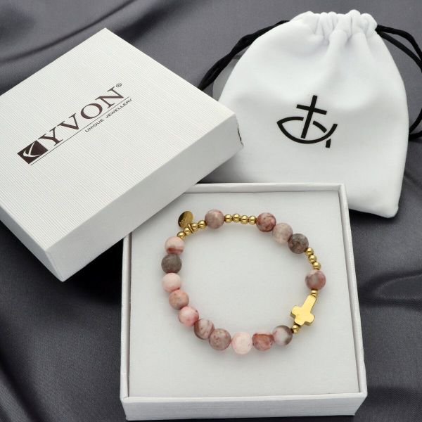 Bransoletka - dziesiątka kamień naturalny OPAL RÓŻOWY PUDROWY *8 pozłacana - 64752 2010000086216