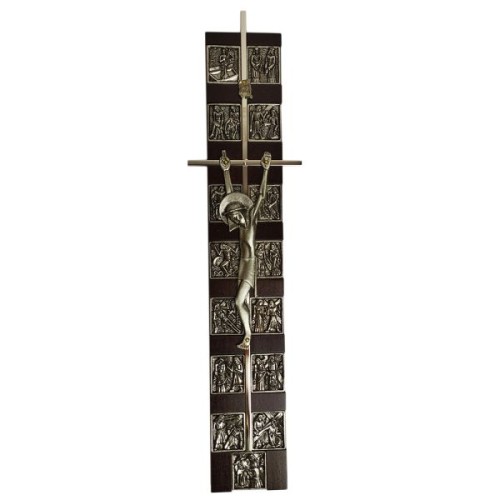 Krzyż wiszący z DROGĄ KRZYŻOWĄ 33cm metalowy na drewnie WIŚNIA-SREBRO - 08478