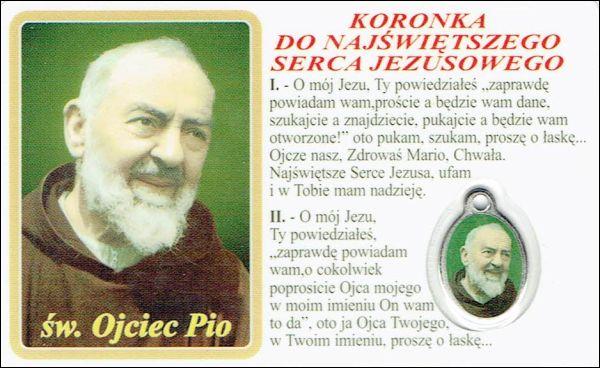 Medalik foliowany św. Ojciec Pio / Koronka do Najświętszego Serca Jezusowego - medalik i obrazek z modlitwą zalaminowane - 08274