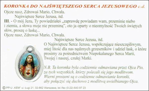 Medalik foliowany św. Ojciec Pio / Koronka do Najświętszego Serca Jezusowego - medalik i obrazek z modlitwą zalaminowane - 08274